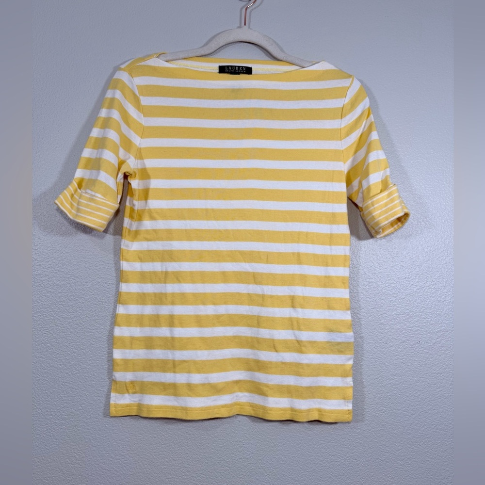 Lauren Ralph Lauren Shirt Striped Boat Neck Top Cuff Sleeve Yellow White Women M